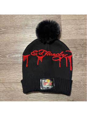 Ed Hardy Beanie One Size Black Red Drip Logo Pom Pom Hat